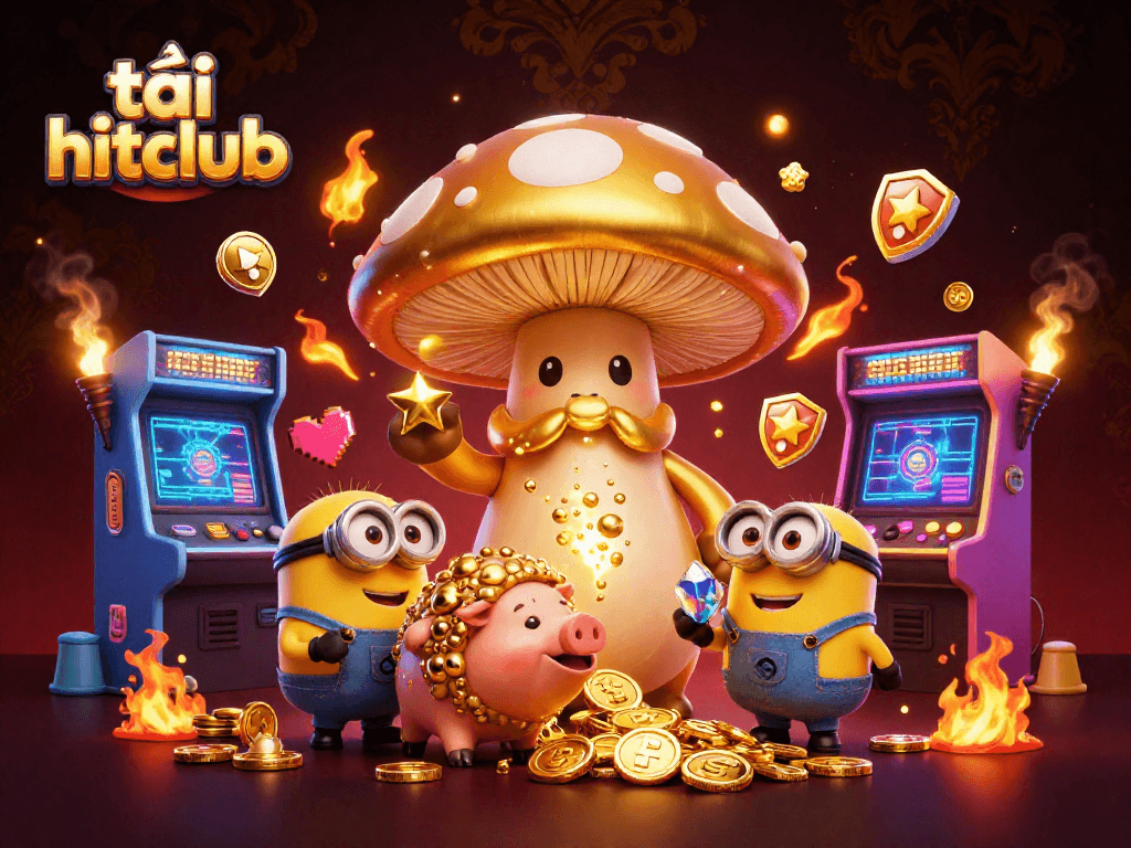 Engage with exciting games at tải hitclub featuring a vibrant casino scene with golden treasures and magical characters.
