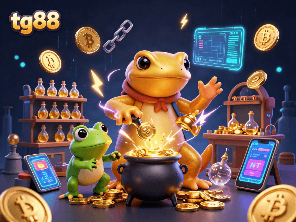 Win big with tg88 through captivating 3D rendering of a casino alchemist and magical elements.