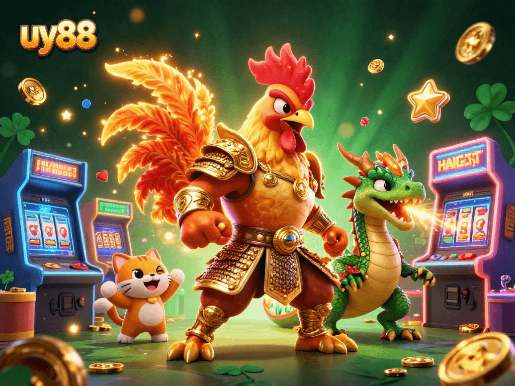 Experience the thrilling action at uy88 with a dynamic illustration of a fearless rooster warrior and a dragon hatchling!