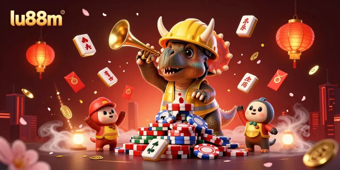 Celebrate with lu88m as a triceratops builds poker chip pyramids amid vibrant casino elements.