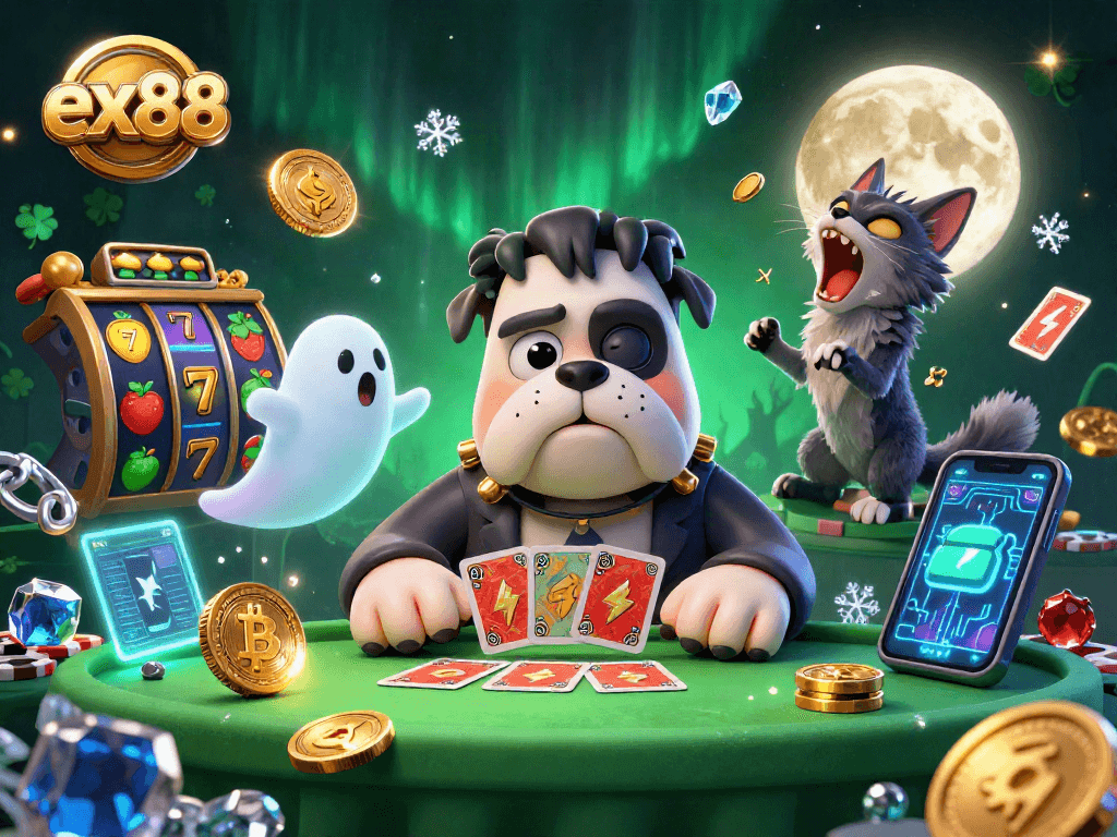 Engage in ex88 gaming with dynamic card dealing by a cartoon bulldog in a vibrant casino scene.