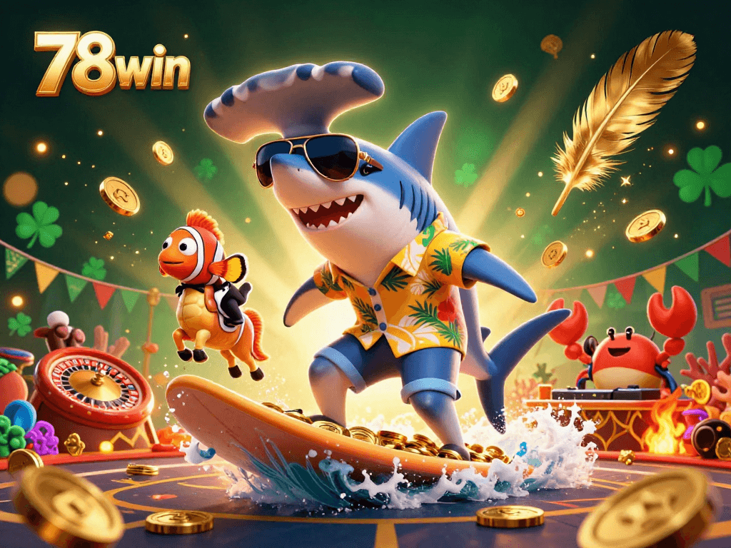 78win brings excitement with a hammer-head shark surfing gold coins and casino elements.