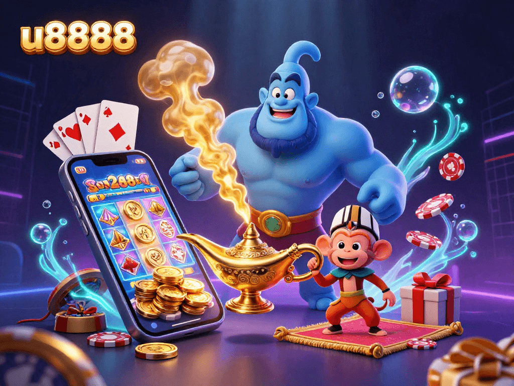 Experience vibrant fun at u8888 with an exciting casino scene featuring a magical genie and poker-themed elements.