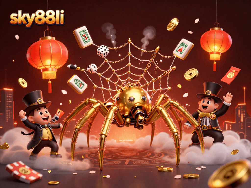 Engage in thrilling gameplay with sky88li as a steampunk spider entangles dice in golden web.