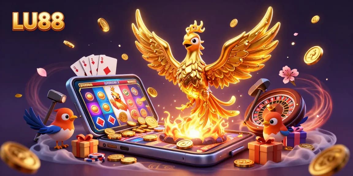 LU88 casino's golden phoenix symbolizing success and rewards amidst a rich game background.