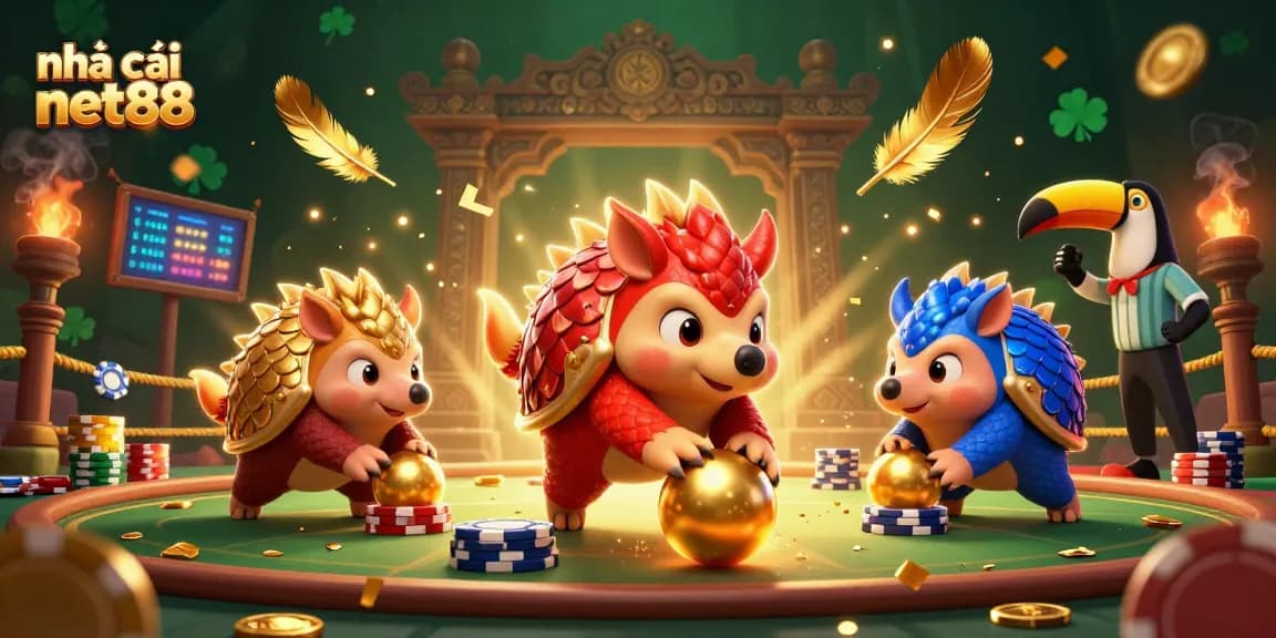 Engage with thrilling gameplay at nhà cái net88 as rival pangolins compete amidst golden chips and jackpot symbols.