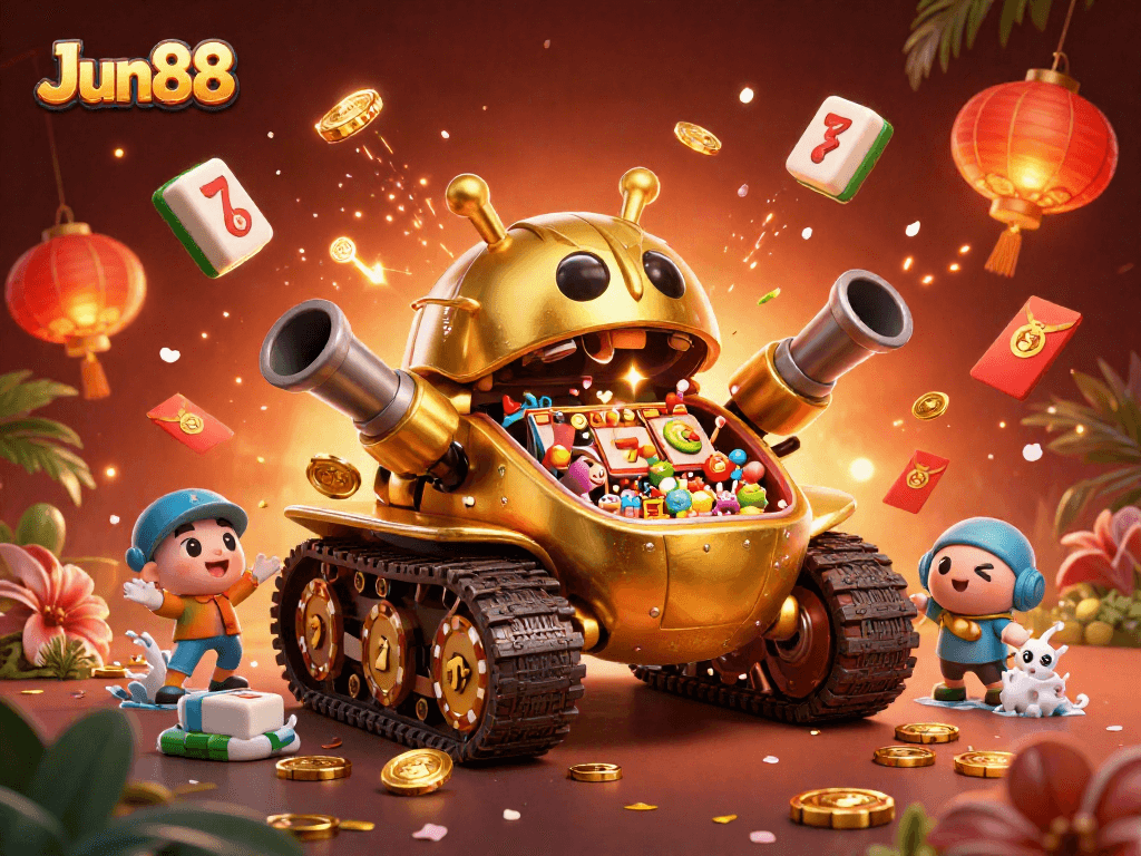 Experience exciting gameplay at Jun88 with vibrant slot reels, lucky symbols, and a dynamic casino scene.
