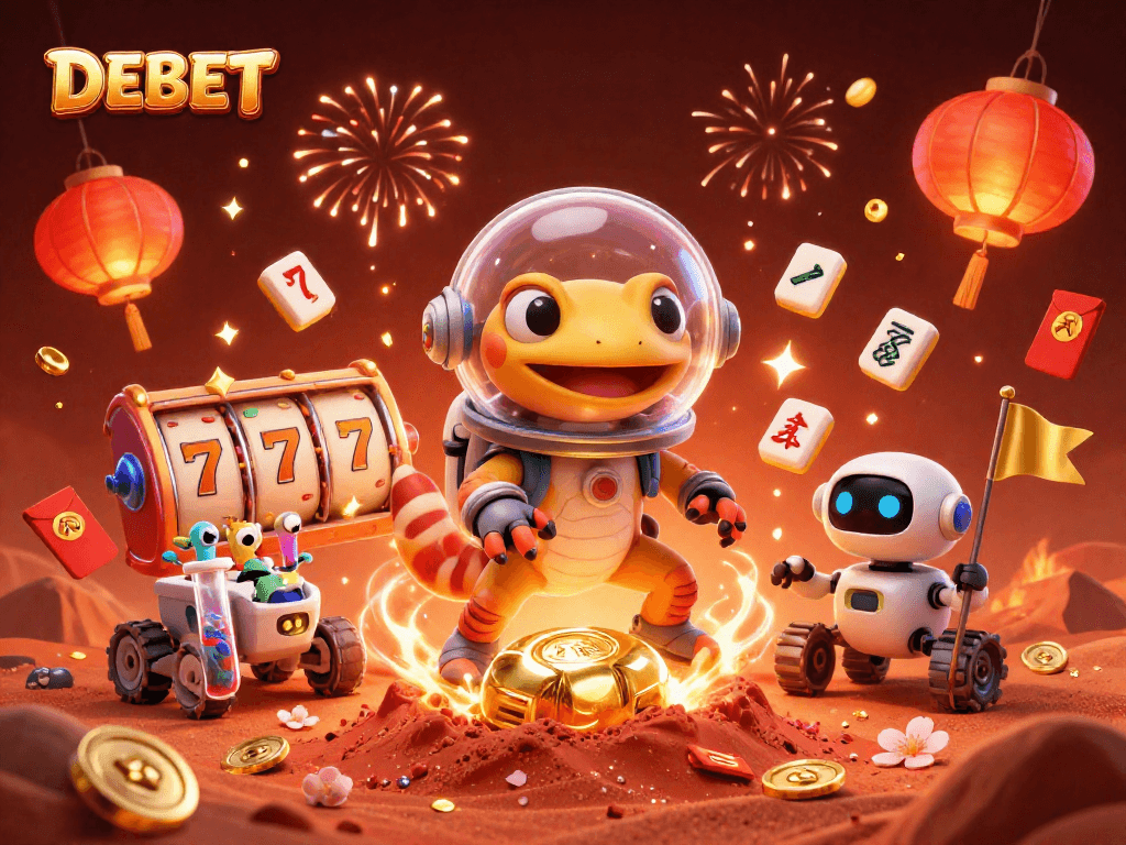 Experience the thrill of DEBET's gaming universe with vibrant casino elements and characters in a dynamic scene.
