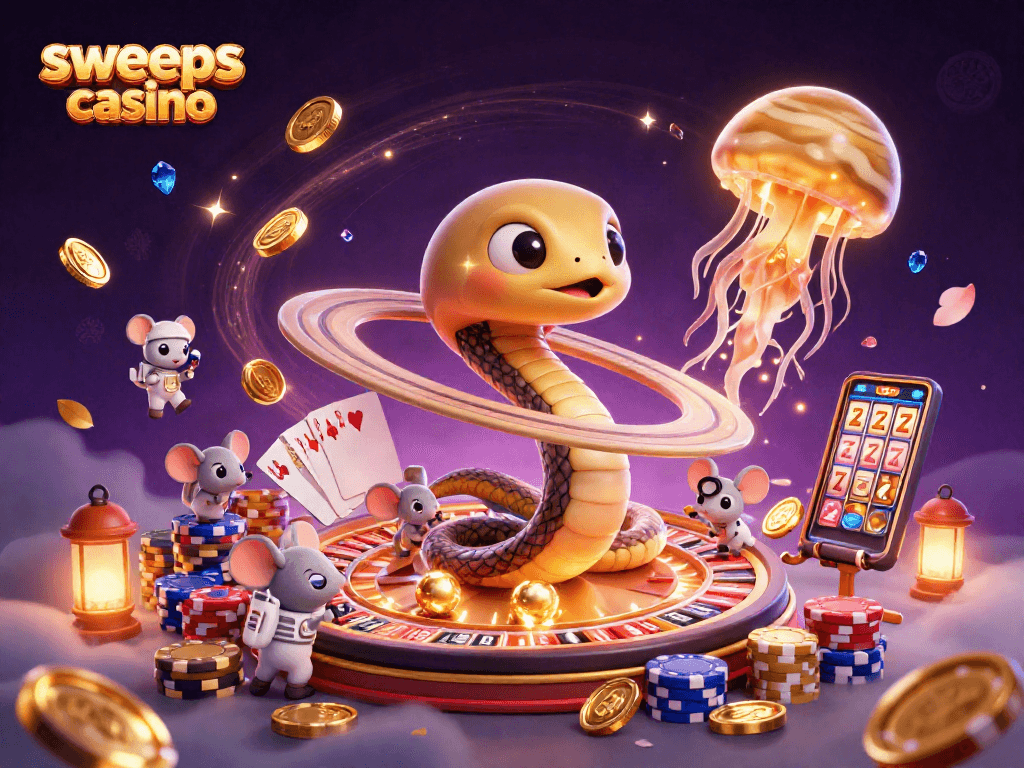 Engage with the sweeps coins casino theme in a vibrant cosmic casino scene featuring animated characters and symbols.