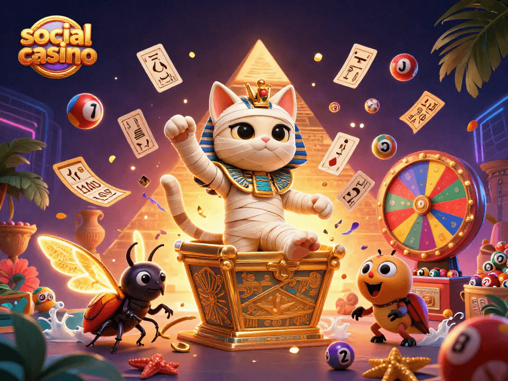 Engage in a vibrant social casino featuring a bursting mummy cat and glowing scarab in action.