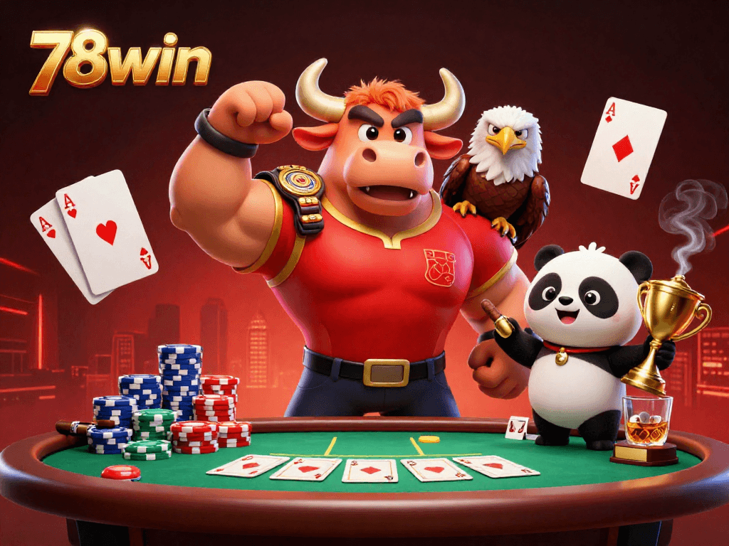 Win big with 78win's poker scene showcasing a victory by a bull, eagle, and panda.