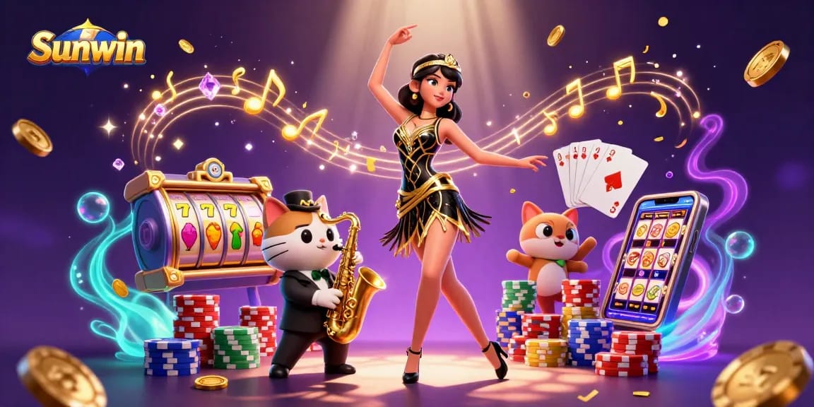 Engage with Sunwin's vibrant casino atmosphere filled with spinning slot reels and joyous confetti.