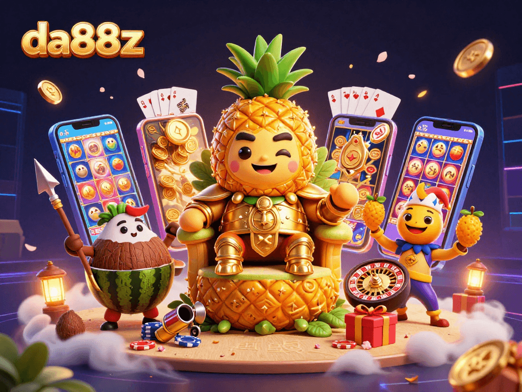 da88z showcases a vibrant online casino scene with characters and slot game elements erupting in excitement.