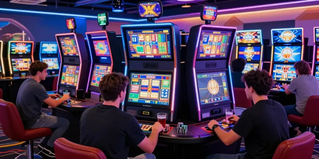 Nbet online gaming casino scene with players enjoying gaming machines and live betting.