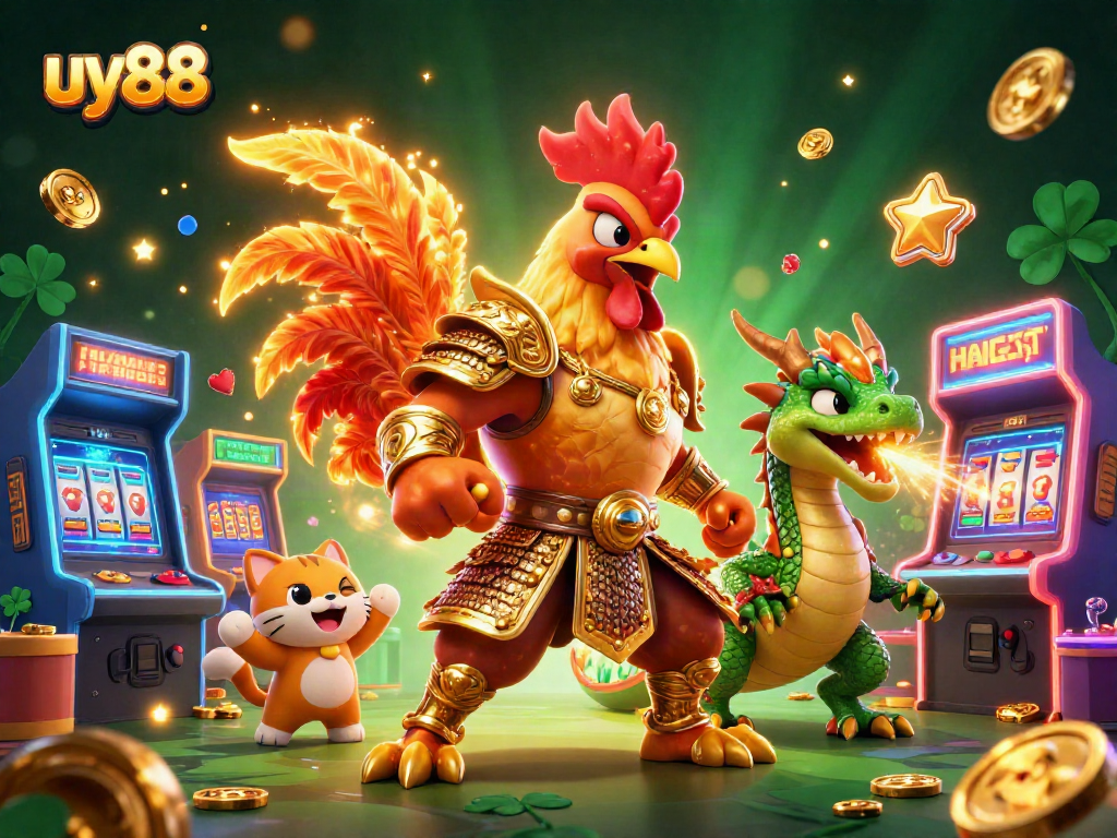 Experience the thrilling action at uy88 with a dynamic illustration of a fearless rooster warrior and a dragon hatchling!