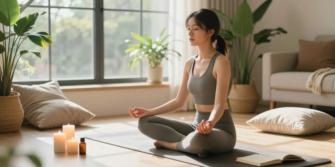 Relaxing scene of wellness practice featuring 천호출장안마 with meditation setup, candles, and plants.