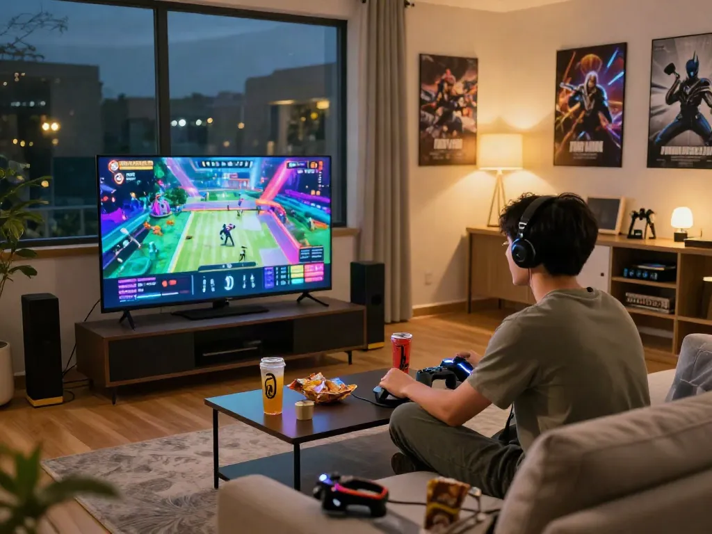 Engaged gamer enjoying a fun session with 78win in a vibrant living room.