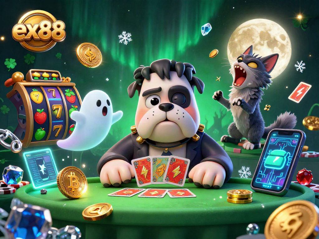 Engage in ex88 gaming with dynamic card dealing by a cartoon bulldog in a vibrant casino scene.