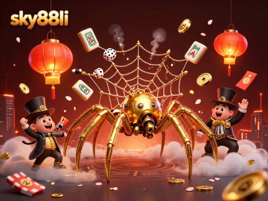 Engage in thrilling gameplay with sky88li as a steampunk spider entangles dice in golden web.