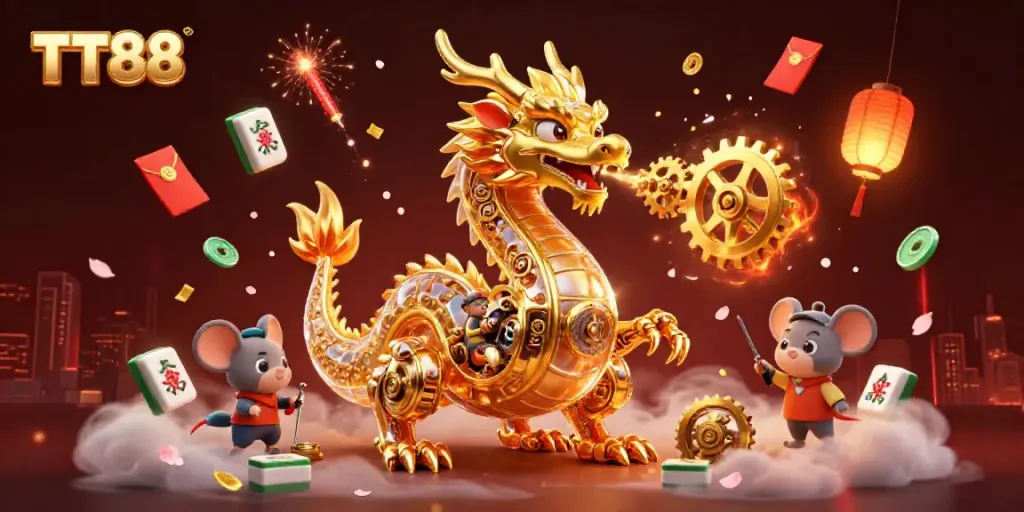 Engage with TT88's thrilling gaming atmosphere depicted by a golden dragon and lucky symbols in vibrant chaos.