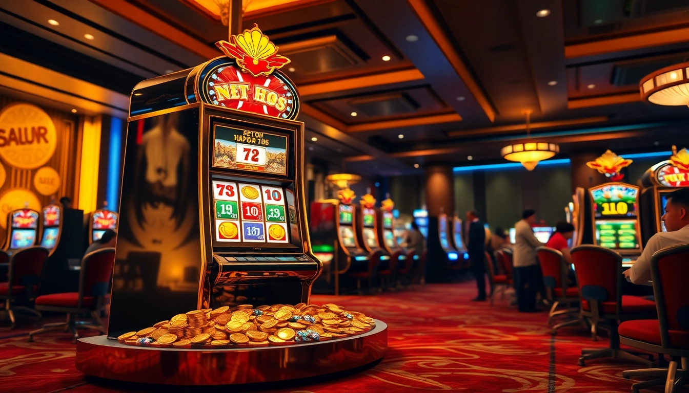 Celebrate big winnings at the nổ hũ slot machine in an upscale casino atmosphere with vibrant lights.