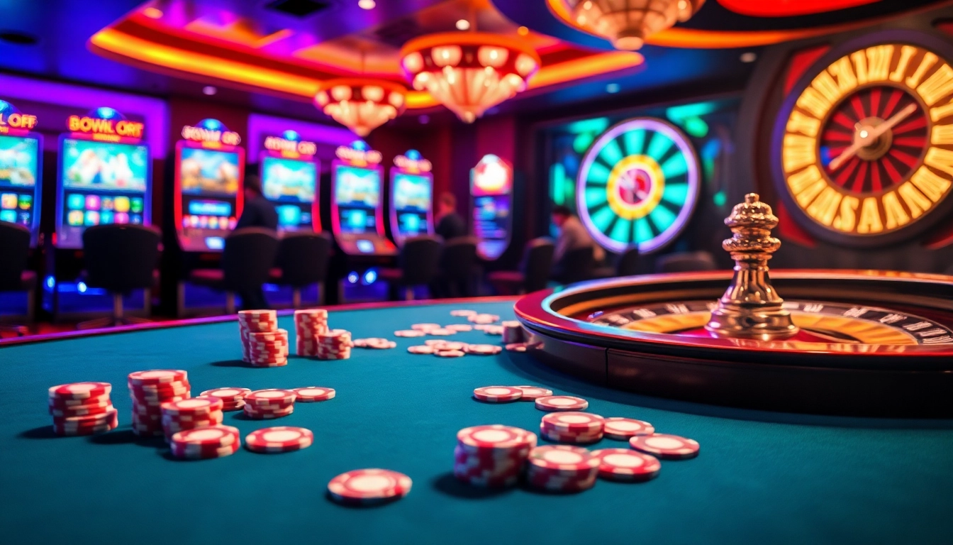 The thrill of gambling at https://okwinbiz.com/ featuring vibrant casino tables and colorful slot machines.