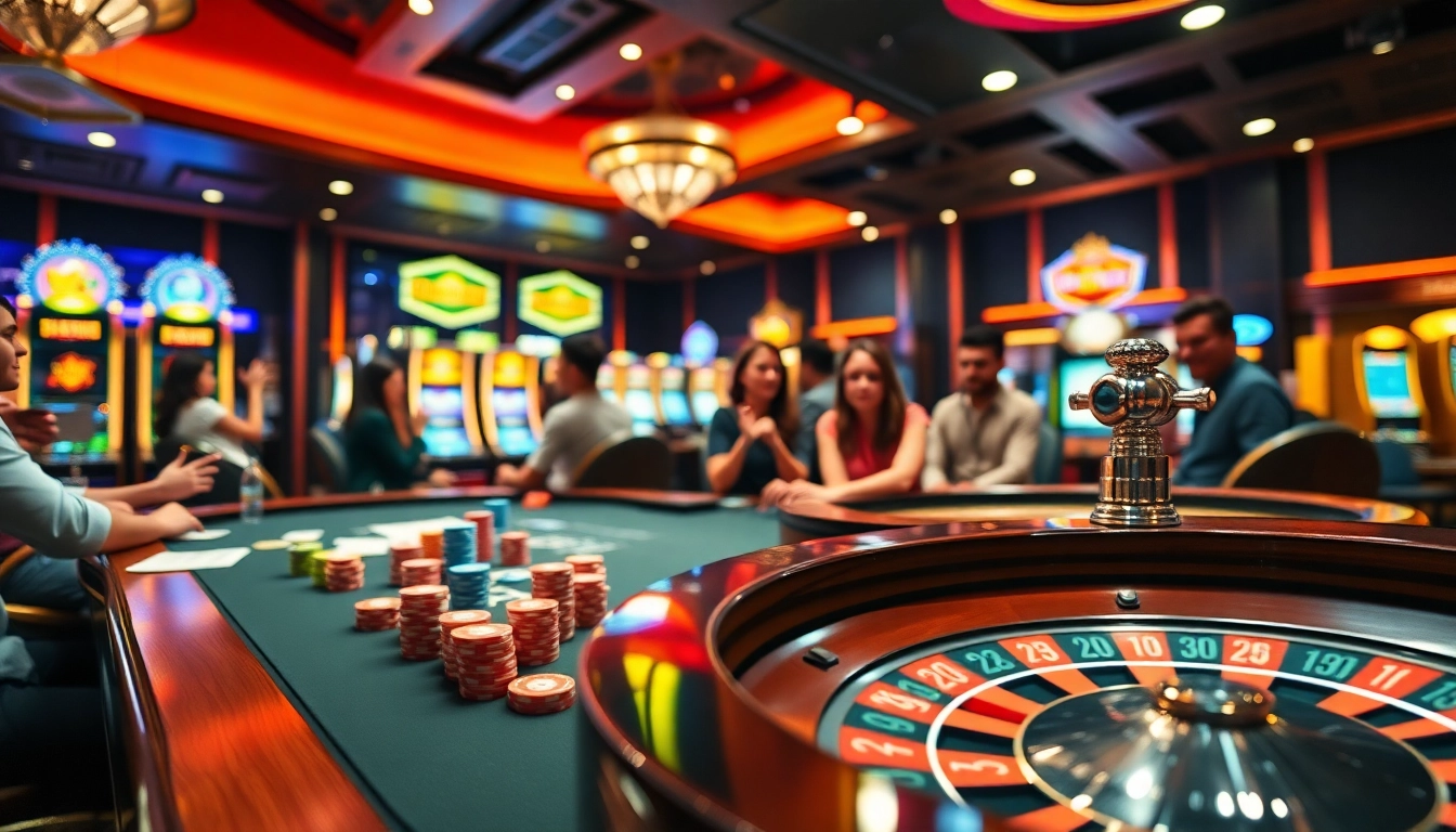 Players engaging with casino tables at mb66, surrounded by vibrant gaming elements and excitement.
