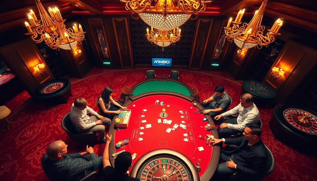 Engaged players at nk88 casino enjoying a lively poker game with vibrant chips and cards.
