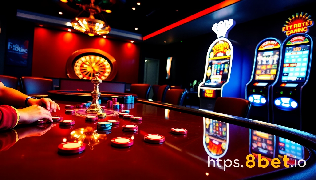 Exciting poker game at https://f8bet.io/ with vibrant chips and roulette wheel.