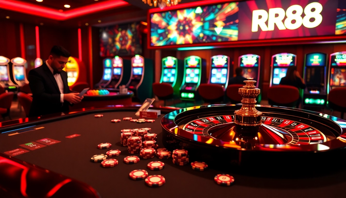 RR88 excitement shines through players engaging at a luxurious casino table with professional dealers.