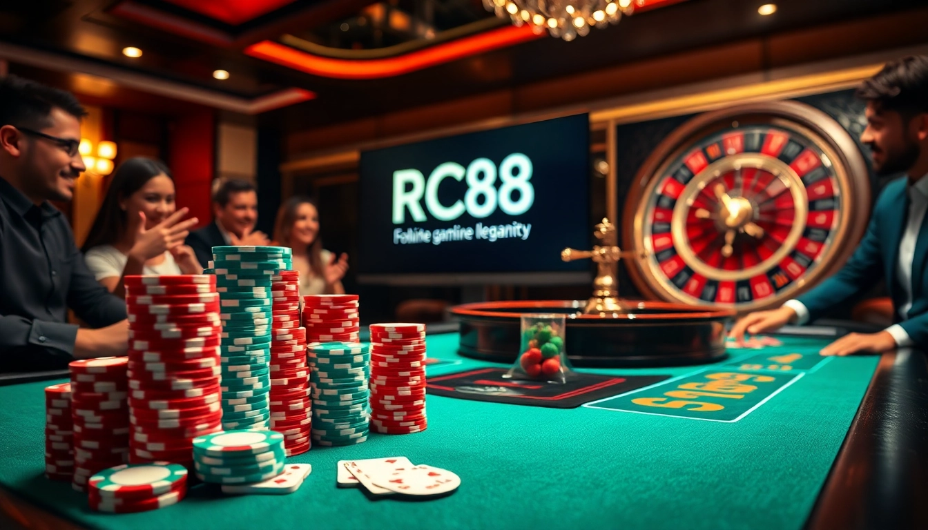Engage with RC88's thrilling poker game at a luxurious casino table filled with colorful chips.