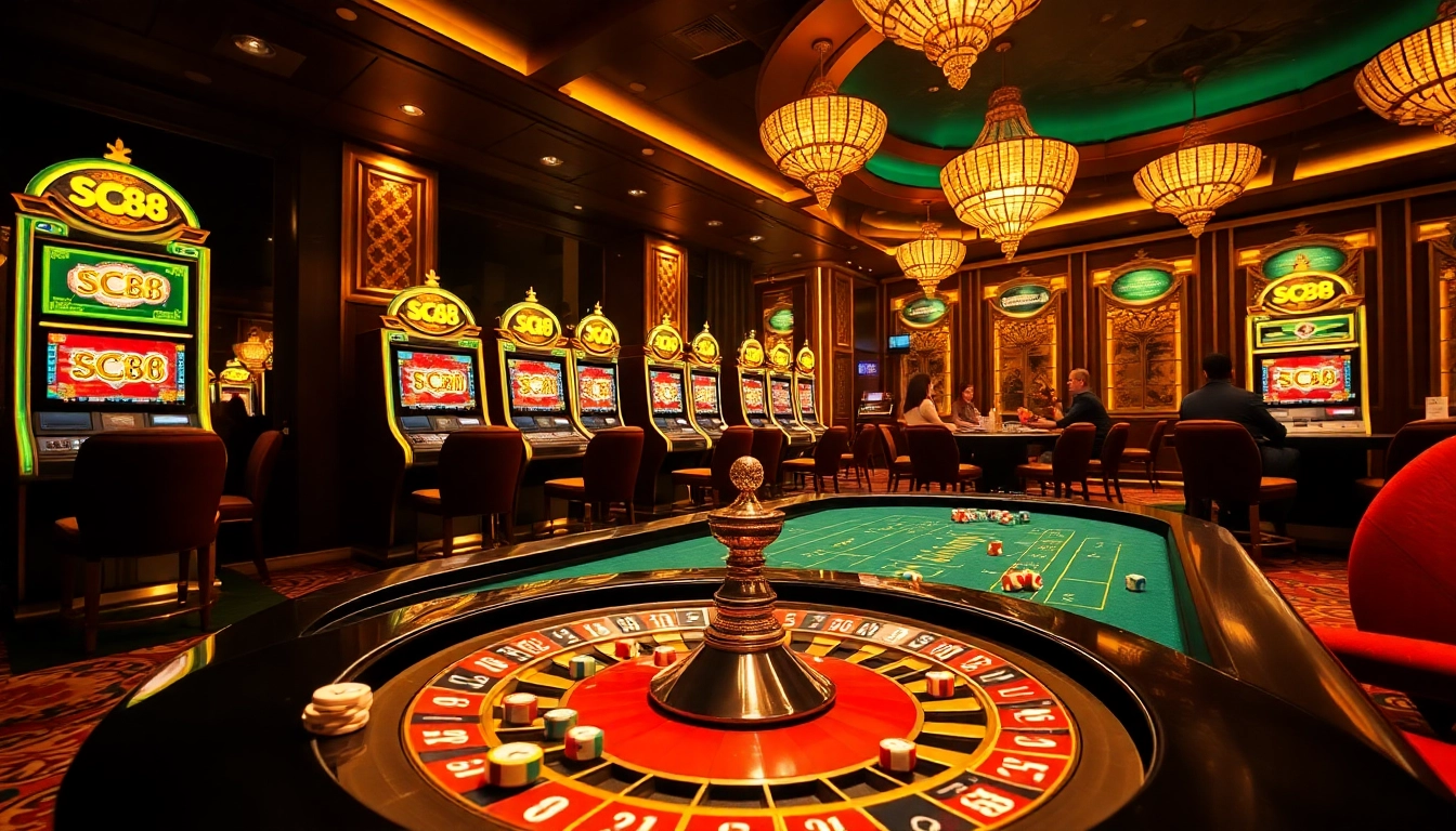 Exciting casino gaming scene at https://sc88e.com/, showcasing luxury poker tables and vibrant slot machines.